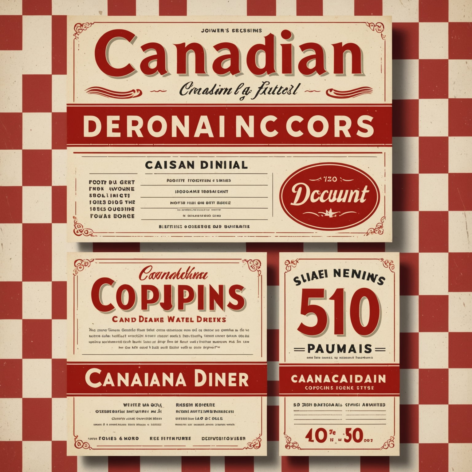 Vintage discount coupons in 1950s Canadian diner style, checkered pattern background, retro script fonts, red and cream color palette, nostalgic advertising poster aesthetic