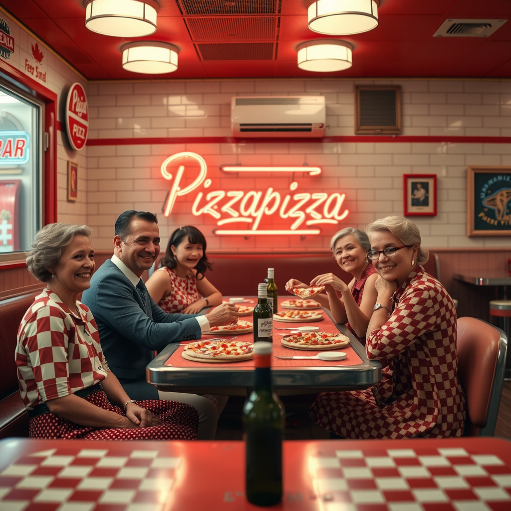 Vintage 1950s Canadian diner scene showing happy customers enjoying pizza together, checkered tablecloths, retro decor, neon Pizzapizza sign in background, nostalgic red white cream color scheme, classic advertising poster style