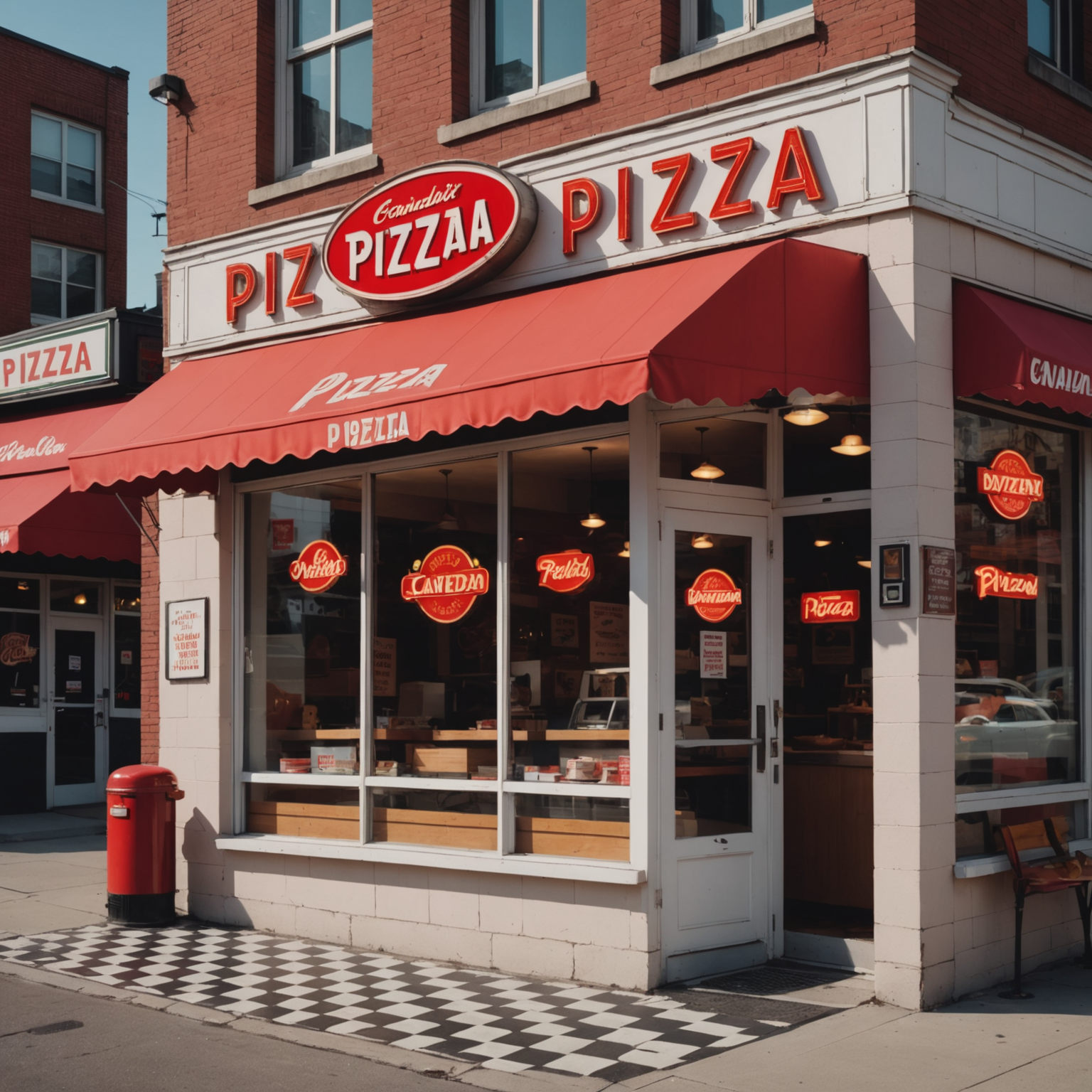 Retro 1950s style pizzeria storefront with neon signs, checkered floor visible through windows, vintage Canadian pizza delivery signage, classic red and white color scheme