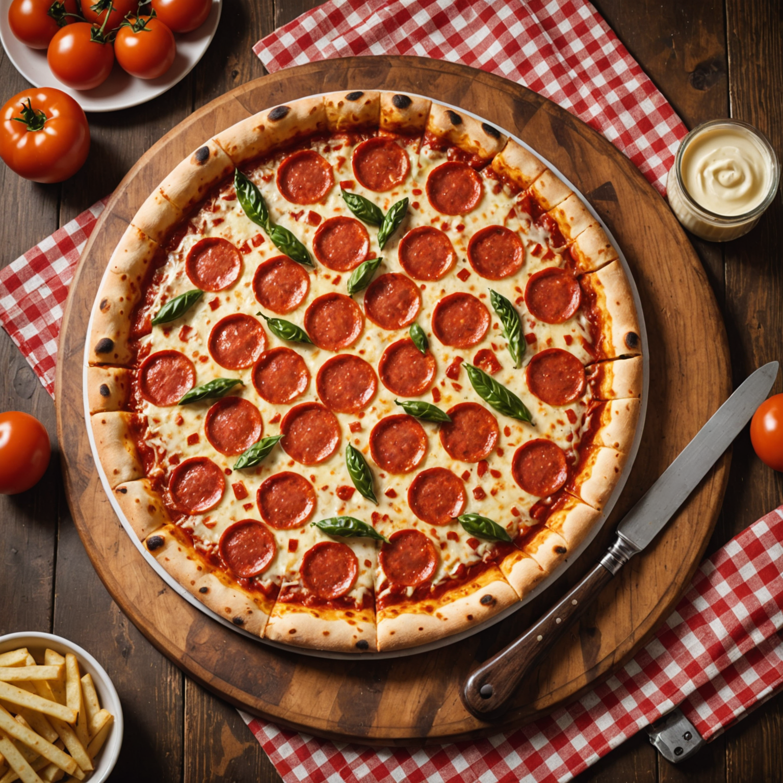 Freshly baked pizza with melted cheese, pepperoni, and vegetables on a wooden board in a retro 1950s diner setting with checkered tablecloth