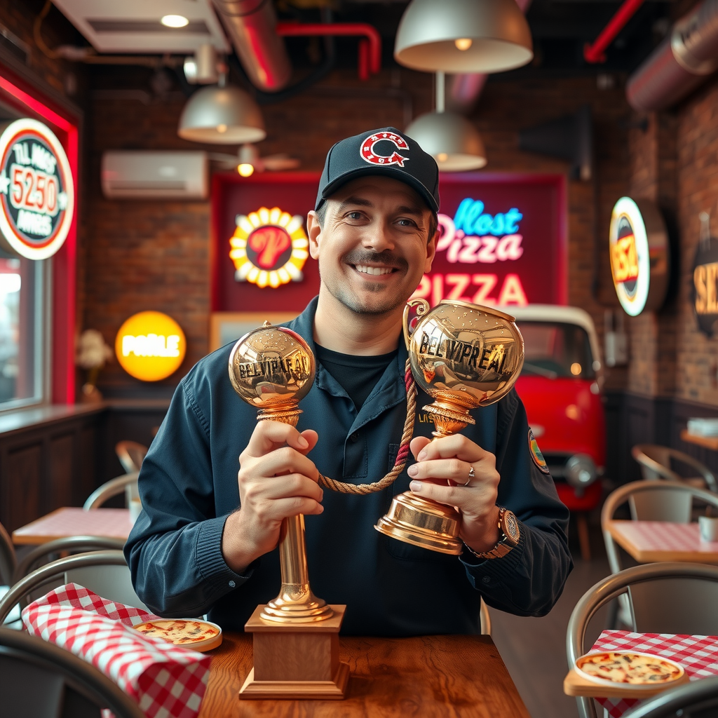 Pizza delivery restaurant owner holding a golden trophy at an award ceremony with vintage 1950s decor, red and white checkered tablecloths, and neon signs in the background