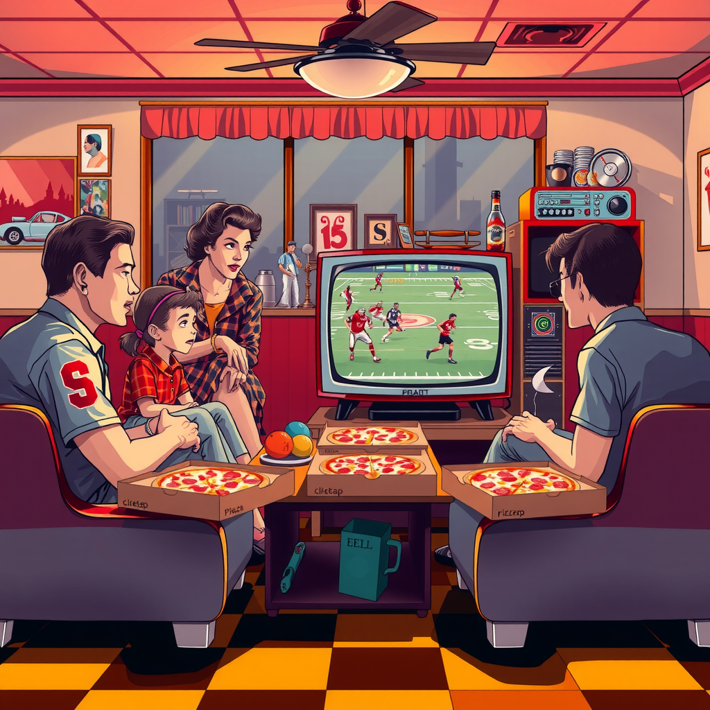 Vintage 1950s style illustration showing a family gathered around a retro television set watching a championship game with multiple pizza boxes on the coffee table, featuring classic diner aesthetic with checkered floor and warm nostalgic lighting