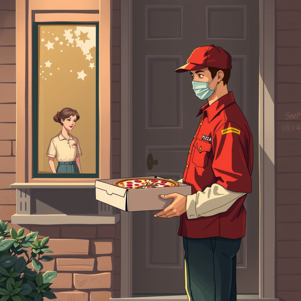 Vintage-style illustration of a pizza delivery driver in classic uniform placing a pizza box on a doorstep while maintaining social distance, with a customer visible through a window, rendered in 1950s advertising poster aesthetic with red and cream colors