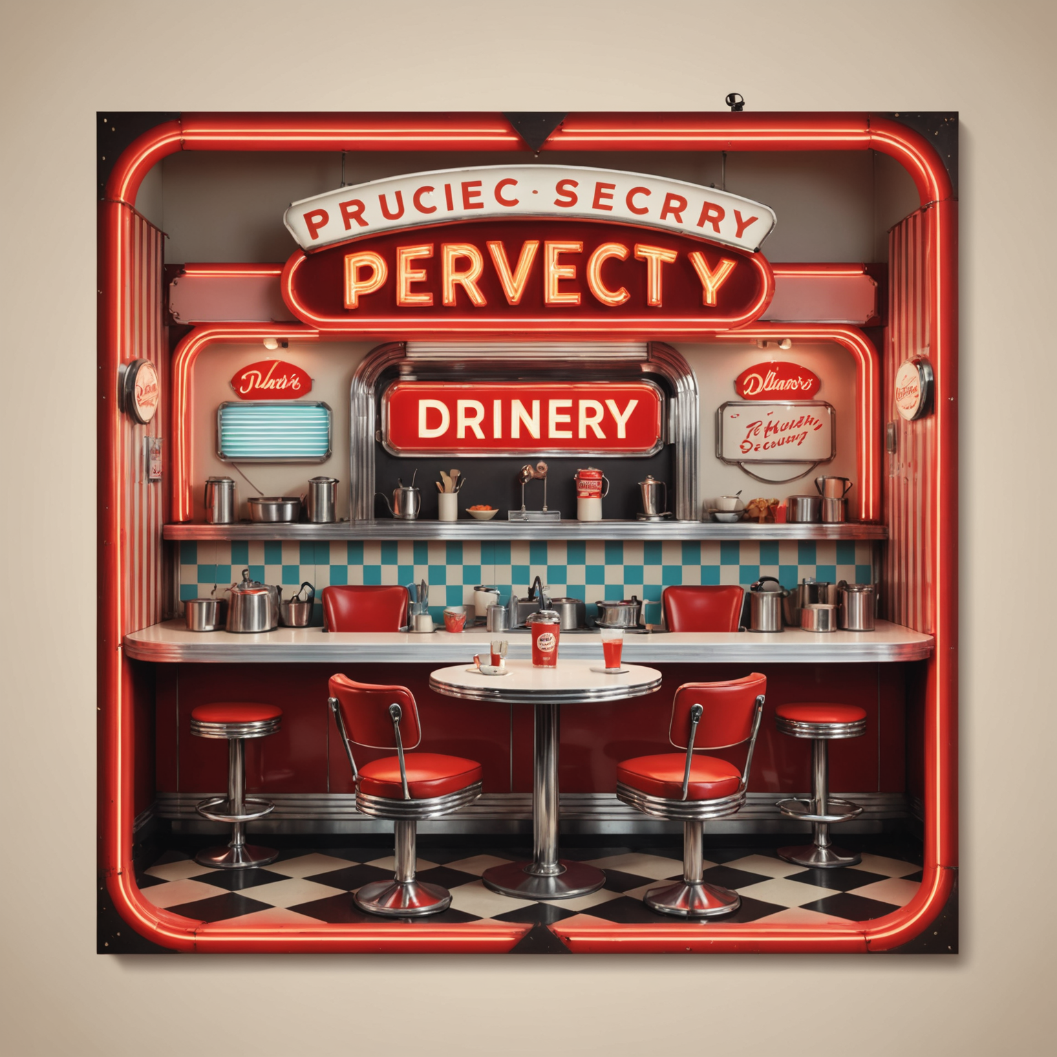 Retro 1950s style banner showing privacy and security concept with vintage diner aesthetic, featuring checkered patterns and neon sign effects in red, white and cream colors