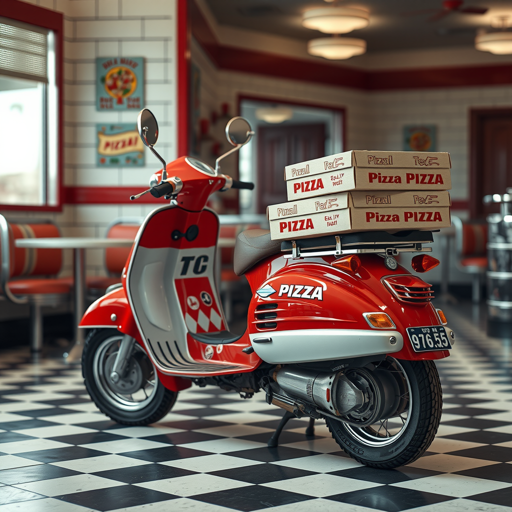 Vintage red and white delivery scooter loaded with pizza boxes, classic 1950s diner aesthetic with checkered floor pattern