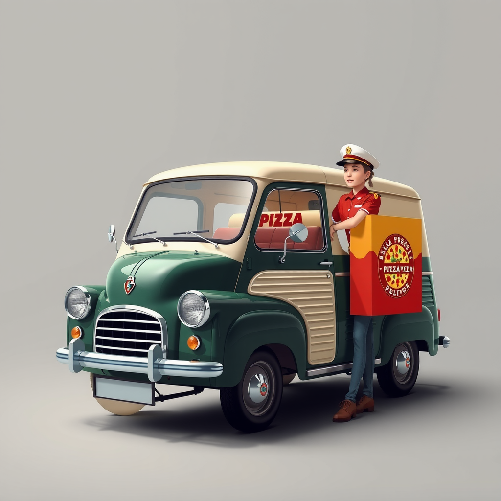 Vintage style illustration showing Pizza Pizza delivery service with classic 1950s delivery vehicle and uniformed delivery person