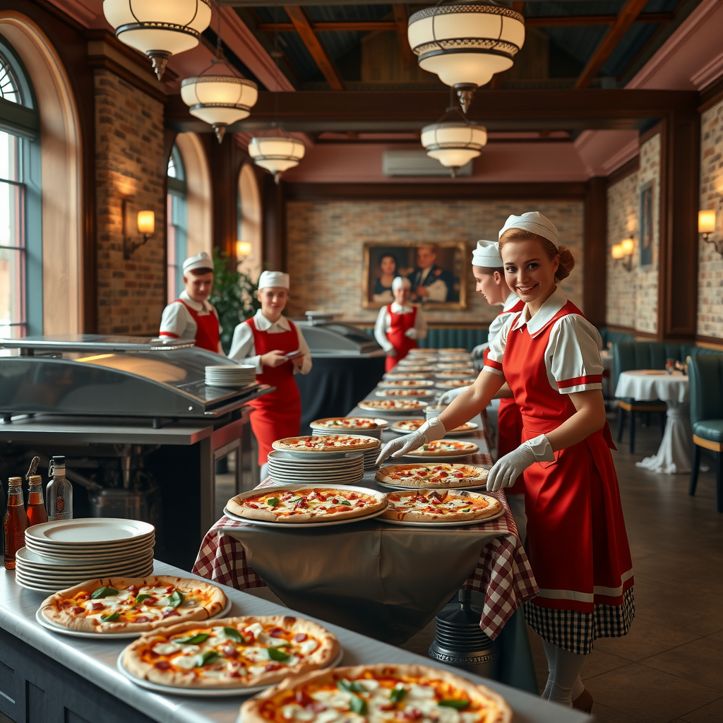 Vintage 1950s style photograph showing Pizzapizza catering staff in classic red and white uniforms arranging fresh pizzas on checkered tablecloths at an elegant event venue, with retro serving stations and nostalgic decor