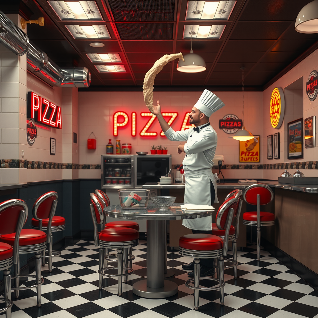Vintage 1950s style pizza kitchen with chef in white uniform tossing pizza dough in the air, retro diner setting with black and white checkered floor, red vinyl bar stools, chrome fixtures, and glowing neon pizza signs on cream colored walls