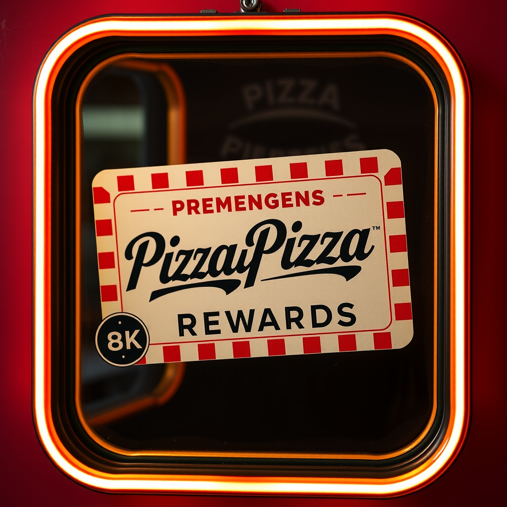 Vintage-style Pizzapizza Rewards membership card with red and cream checkered border, classic 1950s diner aesthetic, neon glow effect around edges, retro script typography