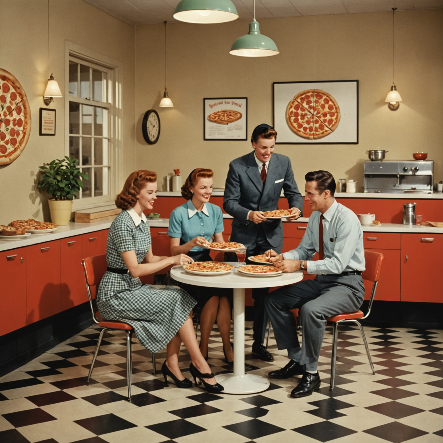 Happy office workers in 1950s style break room enjoying pizza delivery lunch together, vintage corporate setting with checkered floor pattern
