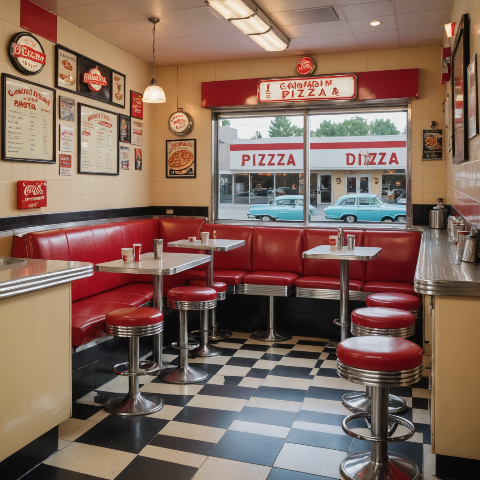 Retro 1950s diner interior with red vinyl counter stools, checkered black and white floor tiles, chrome fixtures, and vintage Canadian pizza advertising posters on cream-colored walls