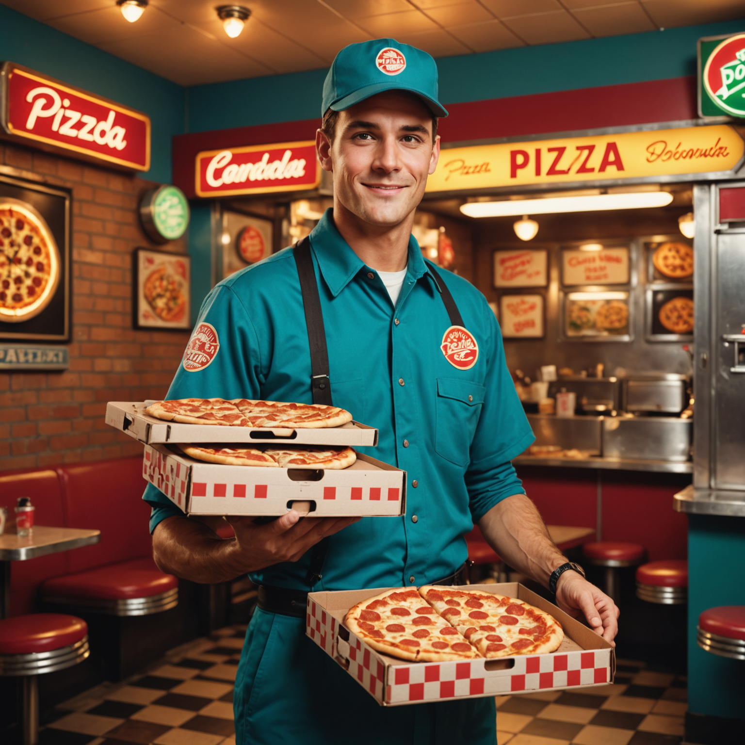 Nostalgic 1950s scene of pizza delivery person in retro uniform holding pizza boxes, classic Canadian diner background with checkered patterns and neon signs