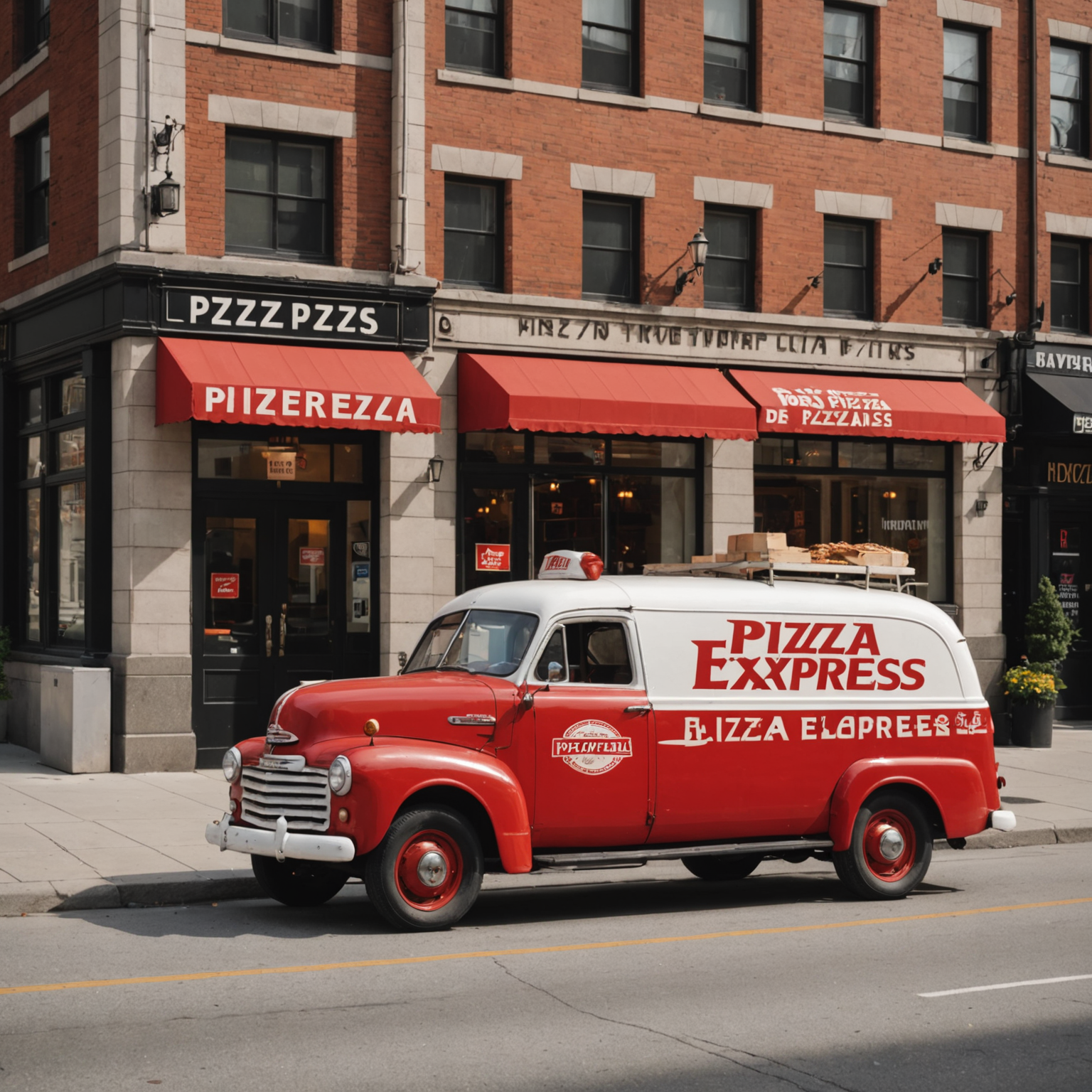 Vintage red and white pizza delivery van from the 1950s with Pizzapizza Express logo parked in front of classic Toronto building