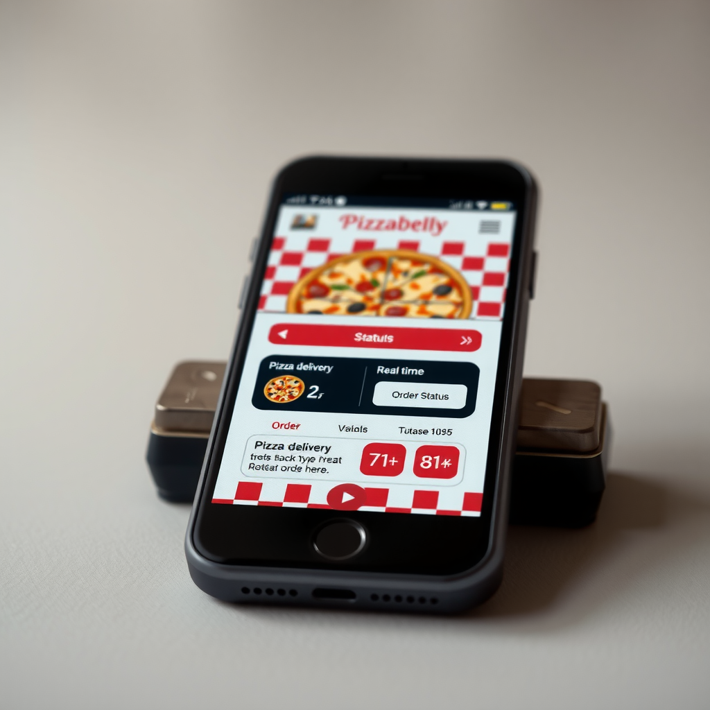 Vintage-style smartphone displaying a retro-themed pizza delivery tracking interface with checkered patterns and 1950s design elements showing real-time order status