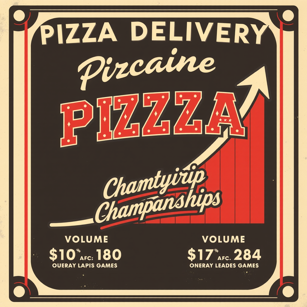 Vintage 1950s advertising poster style infographic displaying pizza delivery order volume increases during championship games, featuring bold retro typography, dramatic upward arrows, and classic diner color scheme of red, white and cream