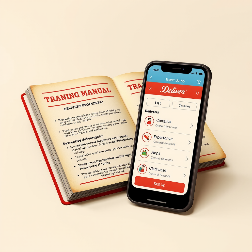 Vintage 1950s-style illustration showing a training manual opened to contactless delivery procedures alongside a modern smartphone displaying delivery app interface, combining retro aesthetic with contemporary technology in red, white and cream color scheme