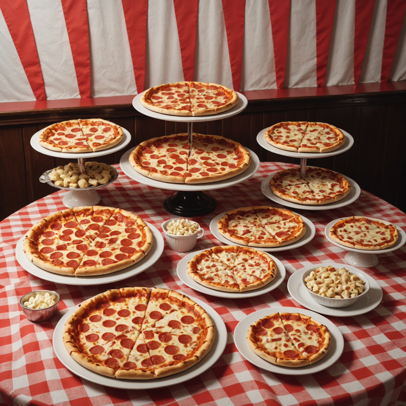 Professional catering display with multiple pizzas arranged on red and white checkered tablecloth, 1950s diner party atmosphere with vintage decorations