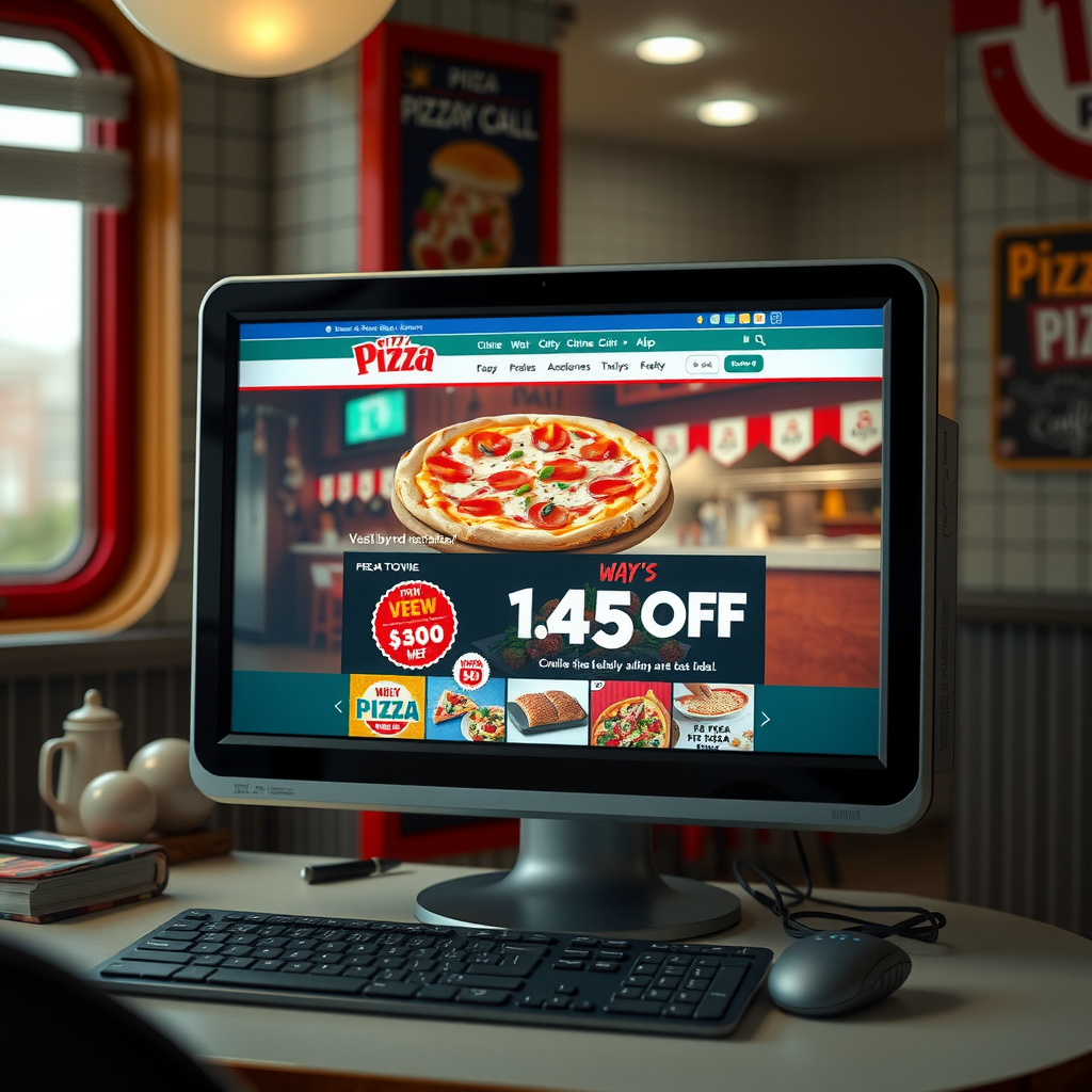 Vintage styled computer interface displaying Pizza Pizza online ordering website with retro design elements and classic diner aesthetics