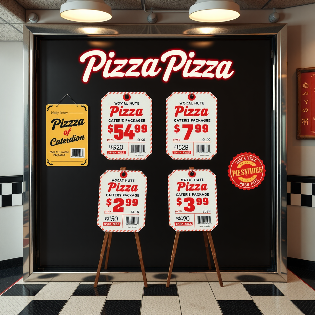Vintage 1950s advertising poster style display showing different Pizzapizza catering packages with retro price tags, classic presentation boards, and nostalgic Canadian diner aesthetic featuring checkered patterns and neon-style lettering