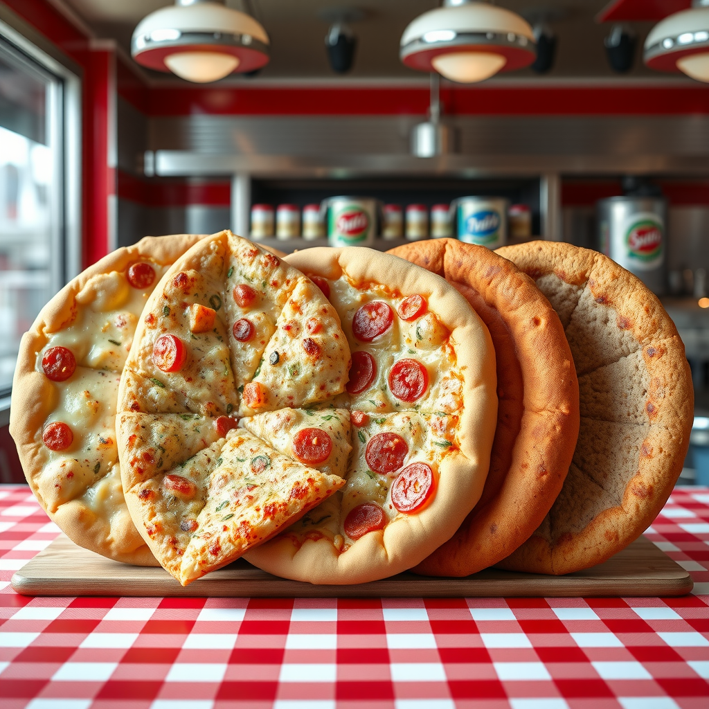 Five different pizza crust types displayed side by side on a vintage red and white checkered tablecloth in 1950s diner style, showing hand-tossed, thin crispy, thick pan, whole wheat, and gluten-free crusts with retro diner background and chrome accents