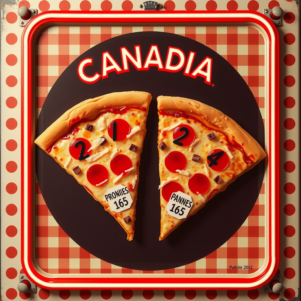 Retro 1950s Canadian advertising poster showing pizza slices with point values, checkered background pattern, cream and red color scheme, classic diner aesthetic with neon accents