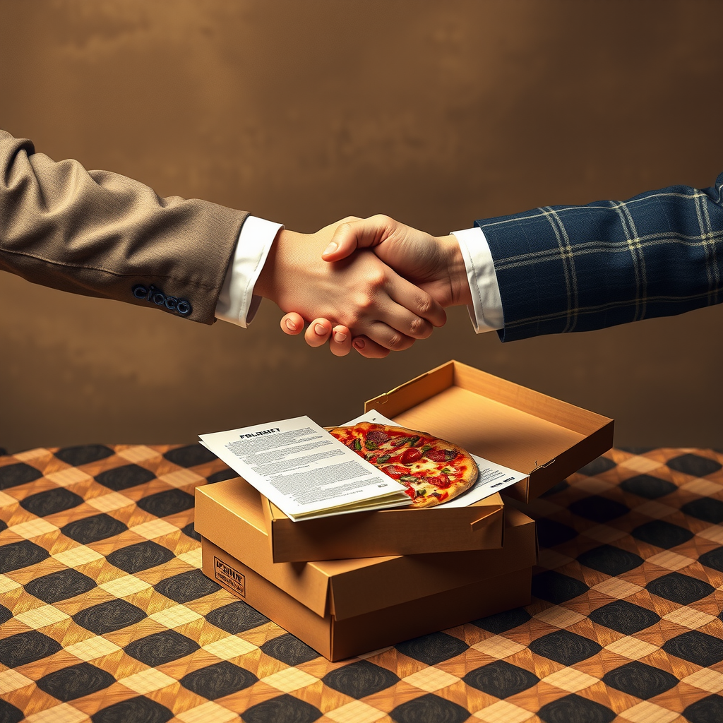Vintage style business partnership illustration showing handshake over pizza boxes with retro corporate documents and checkered pattern background