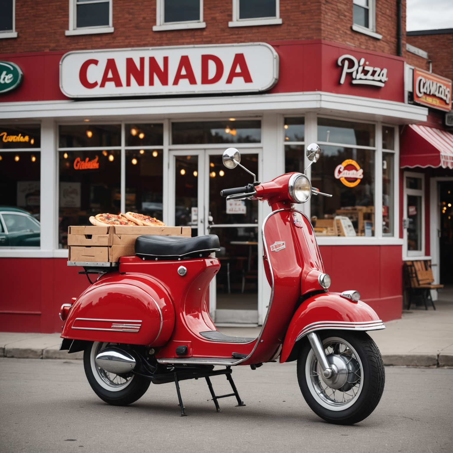 Vintage 1950s style red delivery scooter with chrome details, white-wall tires, and retro pizza box carrier, parked in front of classic Canadian diner with neon signs
