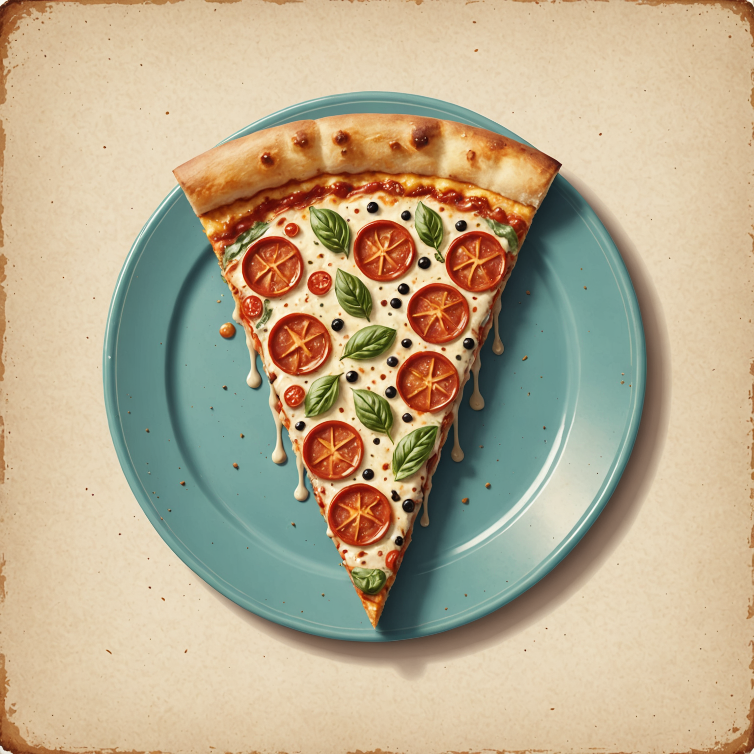 Decorative vintage-style pizza slice illustration with retro 1950s diner aesthetic