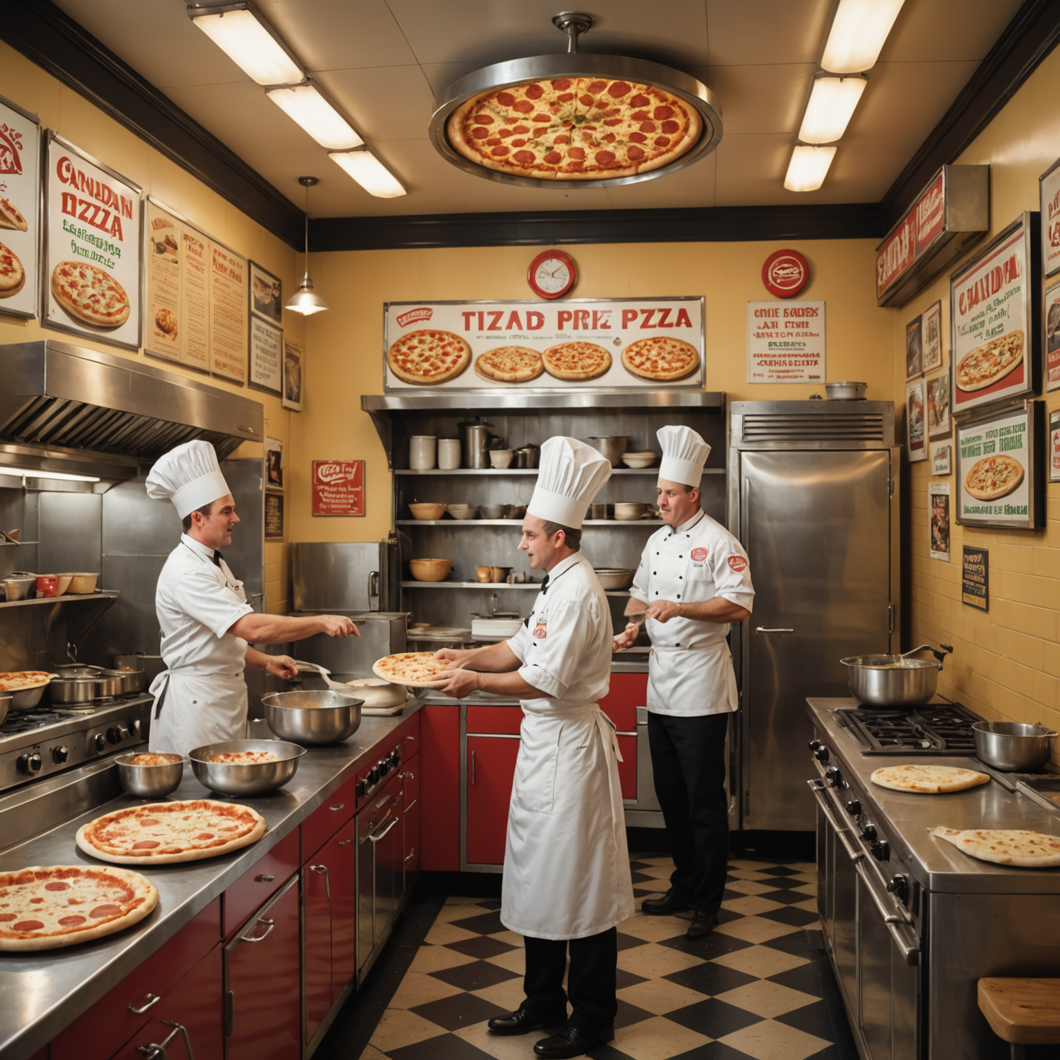 Retro diner-style pizza kitchen with chefs tossing pizza dough, stainless steel ovens, and vintage Canadian advertising posters on walls