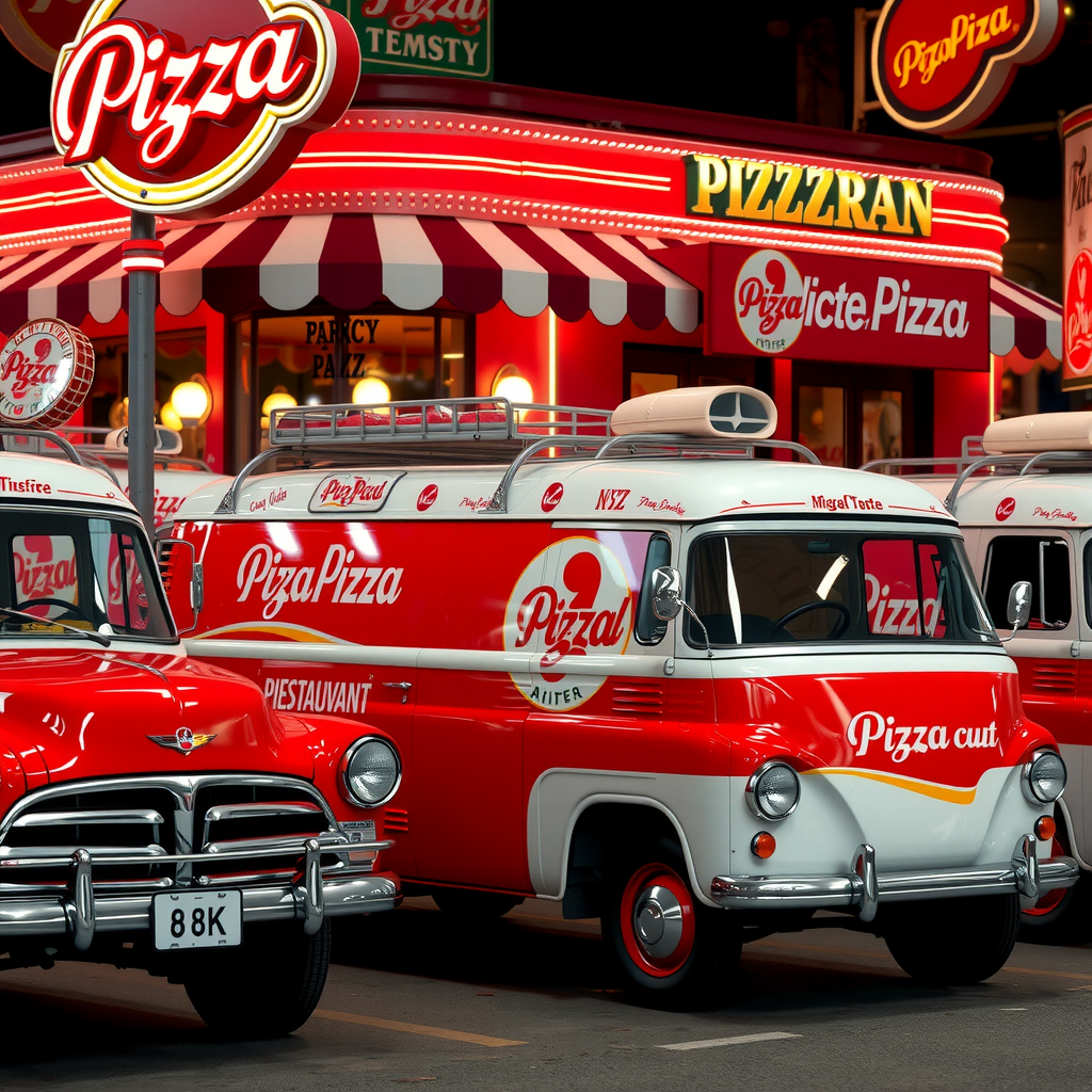 Row of vintage-style delivery vehicles with retro pizzapizza branding, red and white color scheme, parked outside a 1950s-themed restaurant with neon signs and checkered awning