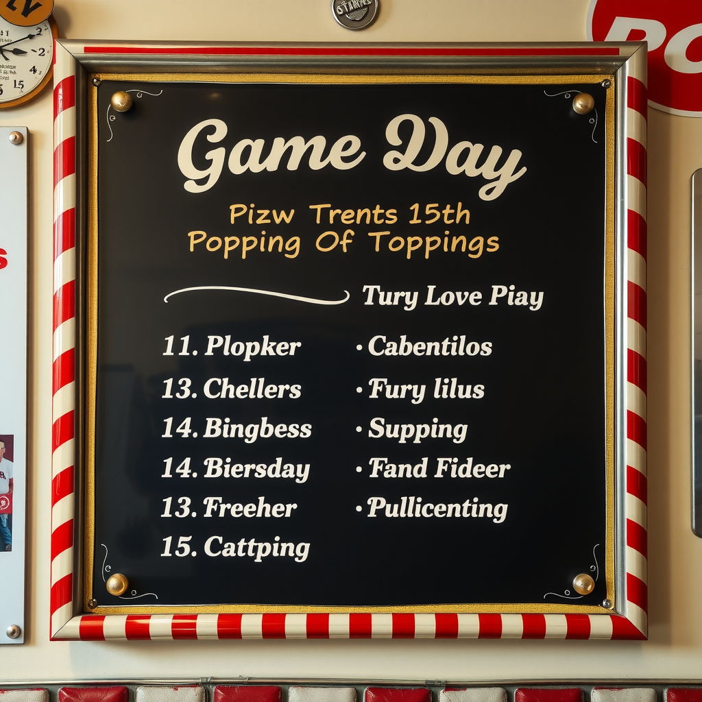 Retro 1950s diner menu board displaying the top five most popular pizza topping combinations for game day, featuring classic script fonts, checkered pattern border, and nostalgic cream and red color scheme typical of vintage Canadian advertising