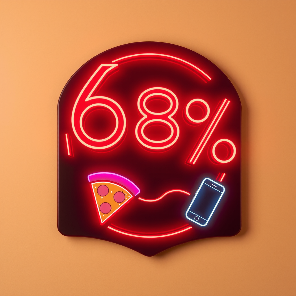 Retro neon sign-inspired graphic displaying the 68% statistic in glowing red letters with vintage pizza slice and smartphone icons, designed in classic 1950s diner signage style with cream background