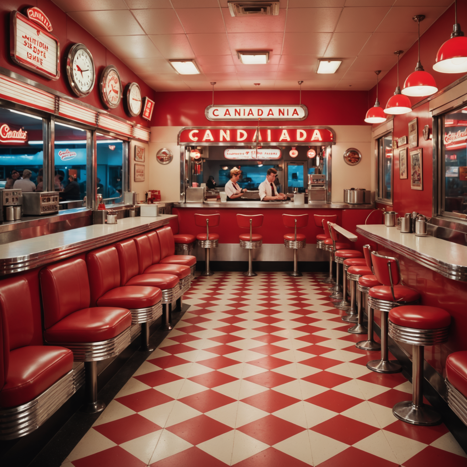 Retro 1950s diner scene showing personalized customer service with vintage Canadian aesthetic, neon signs, checkered floor patterns, and nostalgic red and cream color scheme