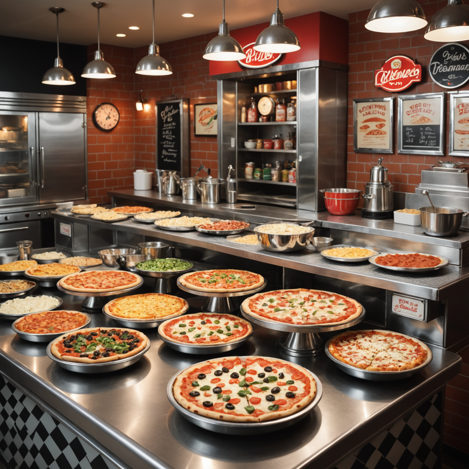 Interactive pizza building station with 30 fresh toppings displayed in retro chrome containers, 1950s diner counter style with checkered backdrop