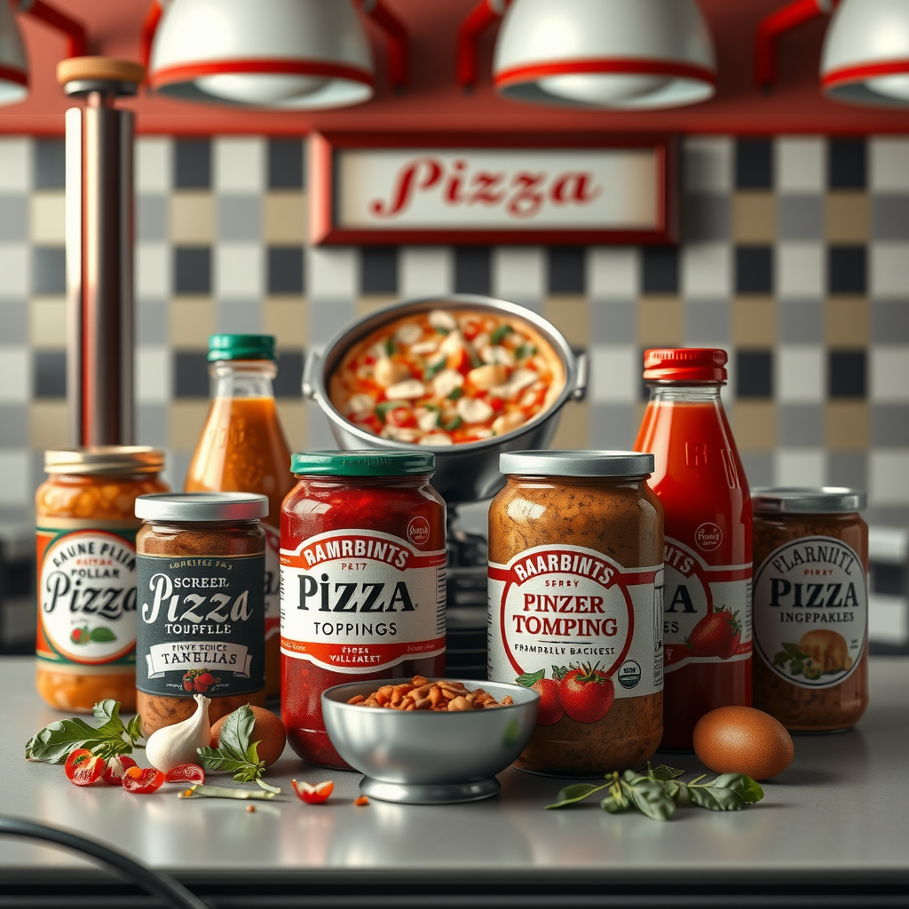 Retro diner style display showing various pizza toppings and ingredients arranged in vintage containers with classic 1950s labeling and checkered backdrop