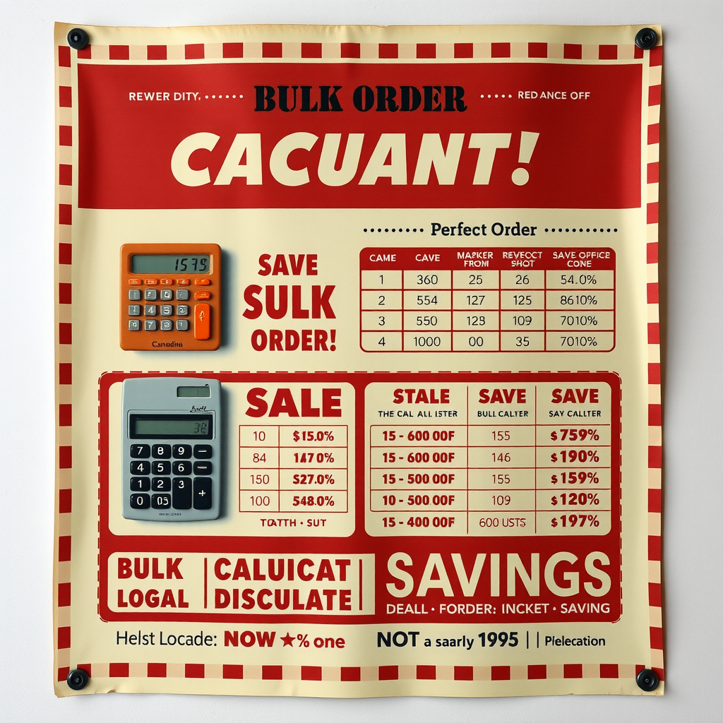 Nostalgic 1950s Canadian advertising poster featuring bulk order discount information with vintage calculator, retro price comparison charts, checkered border design, and classic red and cream color scheme showing savings percentages