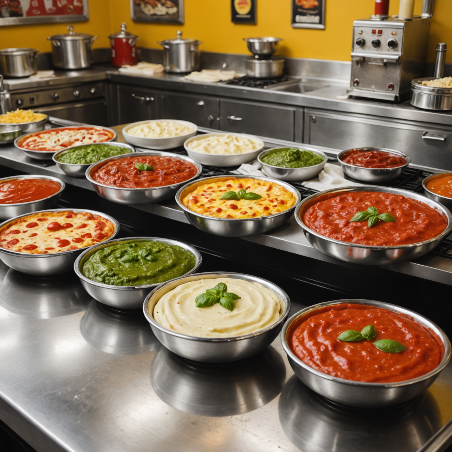 Six glass bowls containing different colored pizza sauces arranged on a vintage chrome diner counter with red vinyl trim, including red tomato sauce, white alfredo, brown BBQ, green pesto, yellow garlic butter, and spicy red arrabbiata sauce, with 1950s diner decor in background