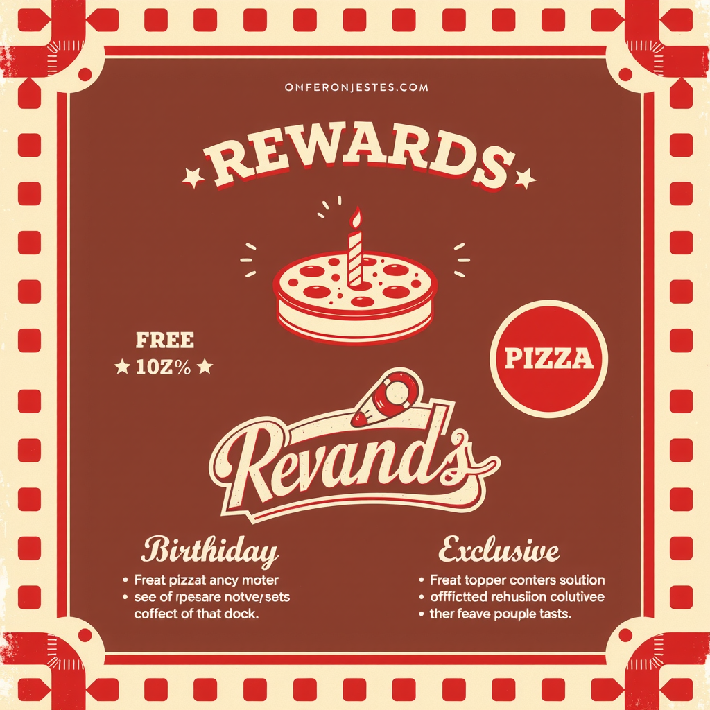 Vintage 1950s style illustration of rewards benefits including free pizza, birthday cake, and exclusive offers, retro script fonts, red white and cream color palette, checkered border design