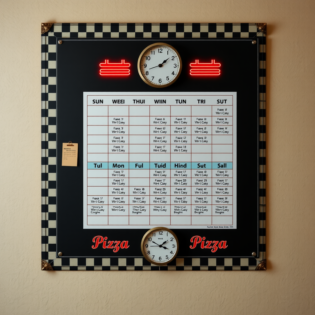 Nostalgic 1950s style wall calendar showing scheduled pizza deliveries with vintage clock, checkered pattern borders and retro neon sign effects