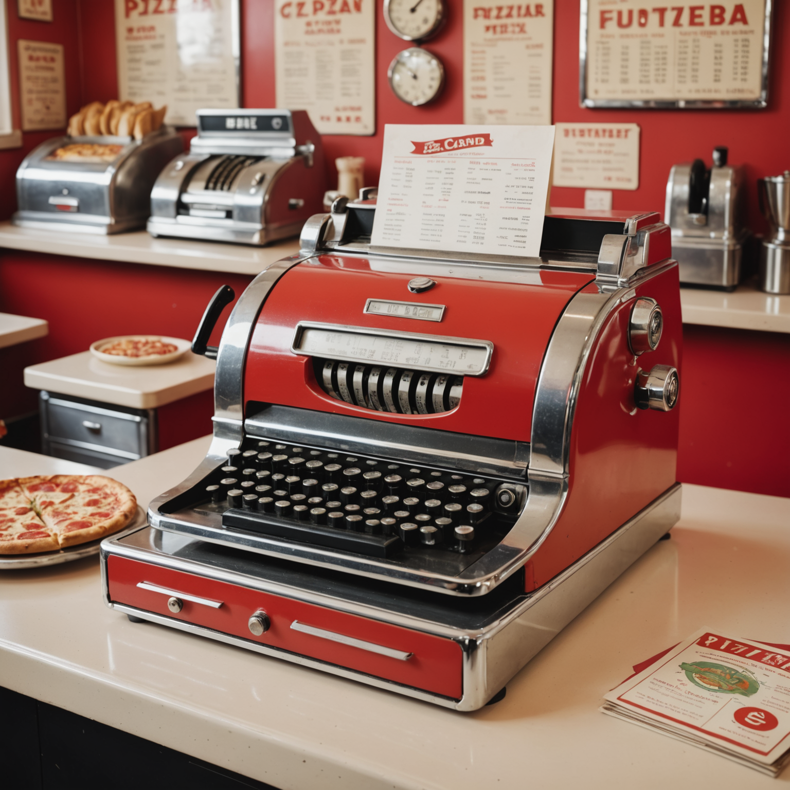 Classic 1950s chrome and red cash register on diner counter with vintage menu board displaying pizza prices, retro Canadian currency, and nostalgic advertising materials in cream and red color scheme