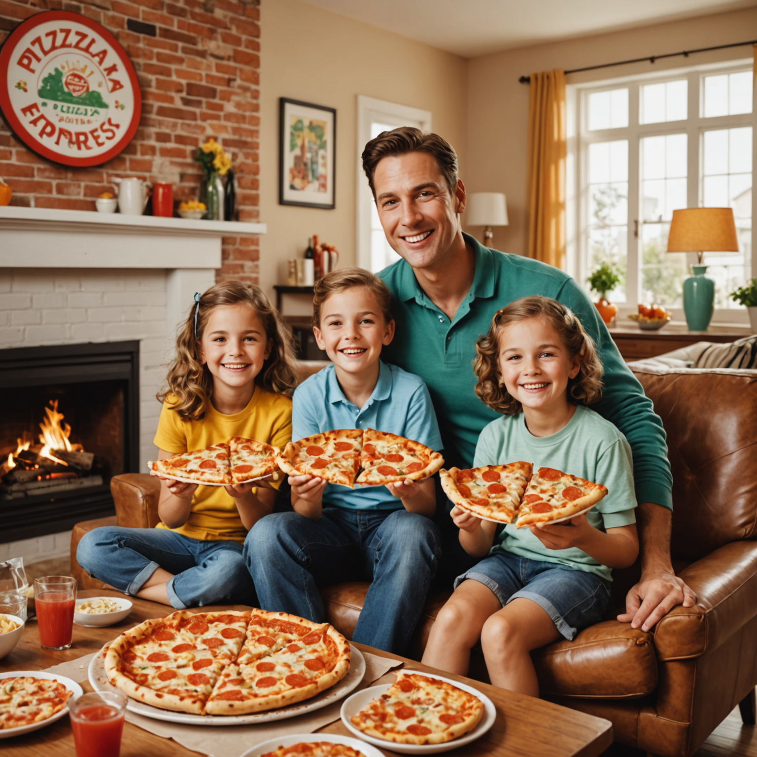 Happy Toronto family enjoying Pizzapizza Express pizza in their living room, smiling and holding pizza slices, retro 1950s home decor in background