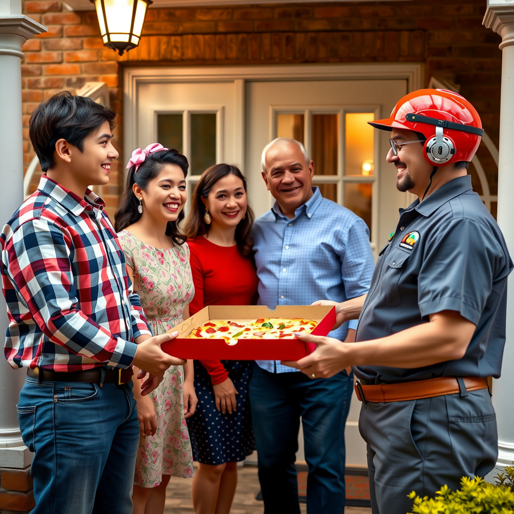 Smiling family in 1950s-style clothing receiving a pizza delivery at their front door, with a friendly delivery person in retro uniform holding a steaming pizza box