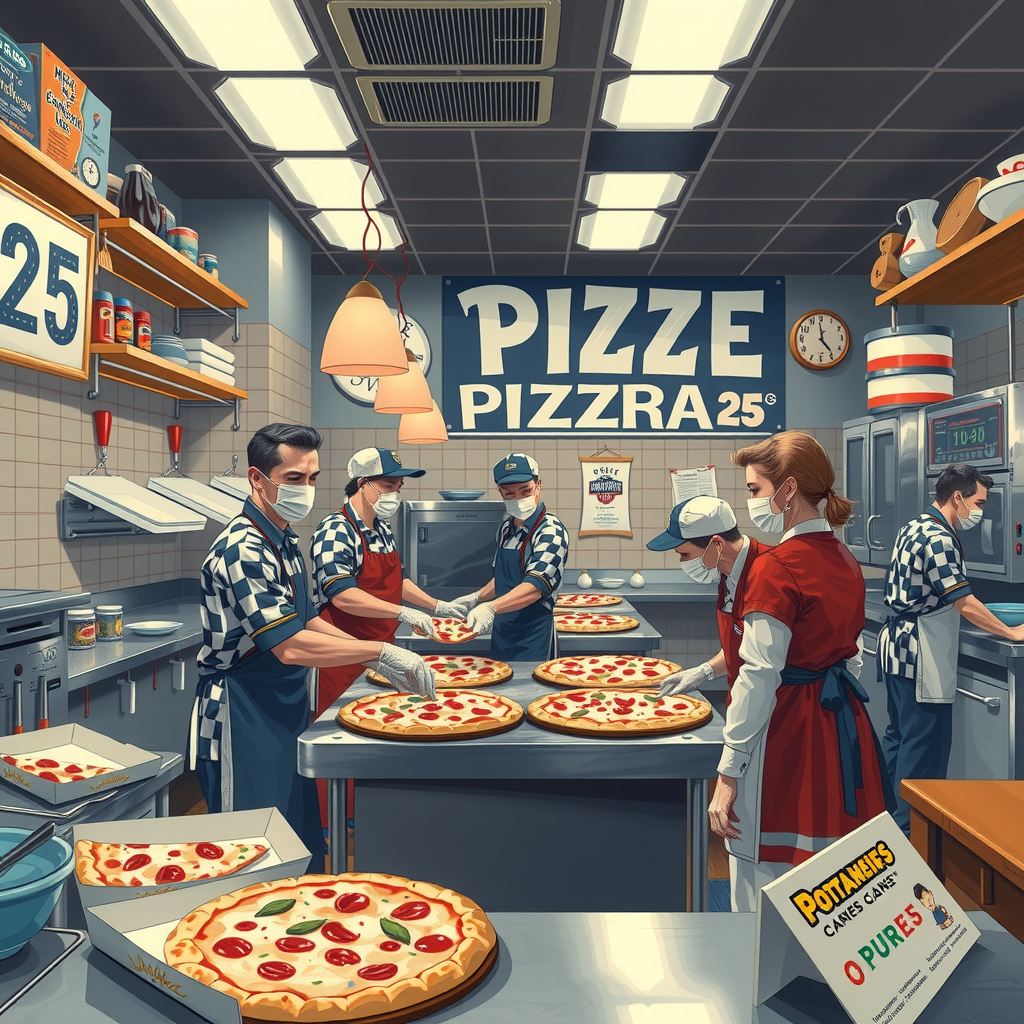 Vintage 1950s diner style illustration depicting a bustling pizza kitchen during championship game rush hour, showing multiple staff members coordinating pizza preparation, featuring classic retro aesthetic with checkered uniforms and nostalgic color palette