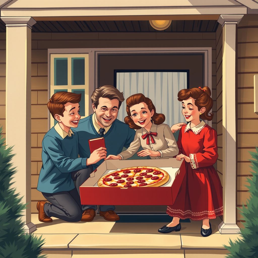 Vintage 1950s advertising poster style illustration showing a smiling family of four discovering their pizza delivery at their front door, with the pizza box prominently displayed, rendered in classic retro color palette of red, white and cream