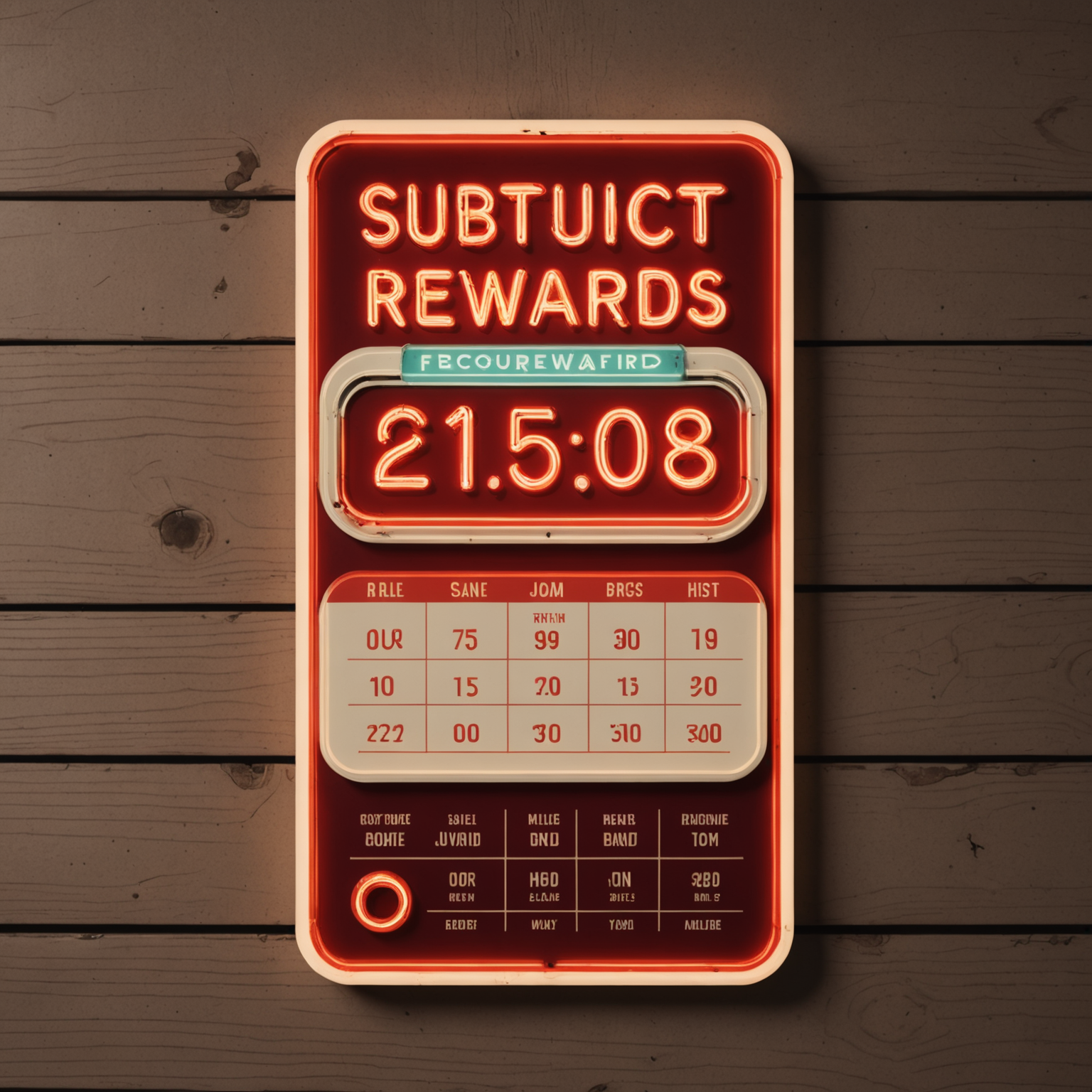 Retro rewards loyalty card with vintage neon sign glowing in background, 1950s diner aesthetic with red and cream color scheme