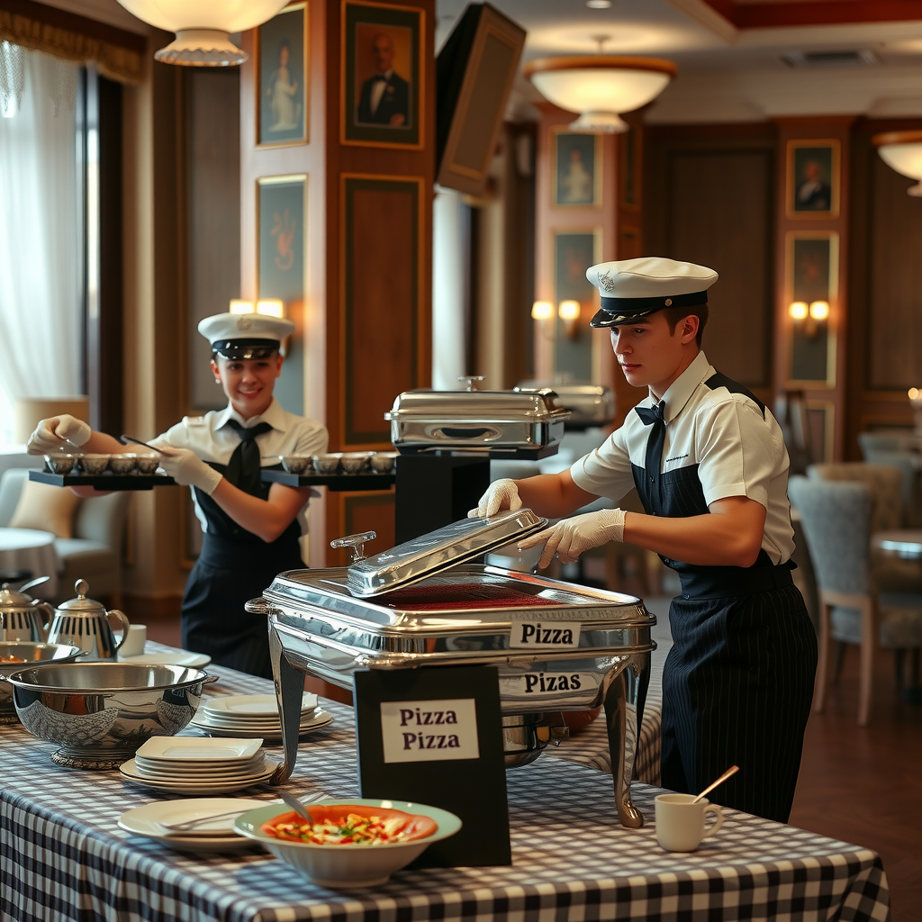 Classic 1950s style photograph showing Pizzapizza catering staff in period-appropriate uniforms carefully arranging an elegant buffet setup with vintage chafing dishes, checkered tablecloths, retro serving equipment, and professional presentation at upscale event venue