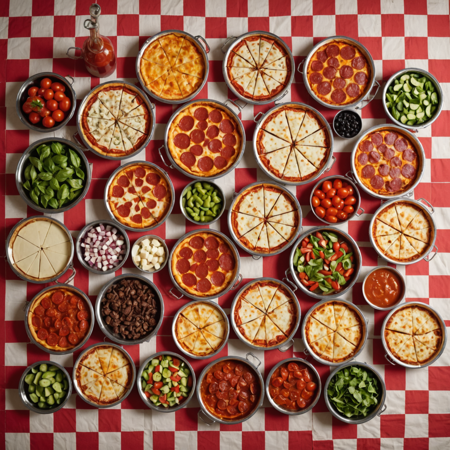 Overhead view of over 30 different fresh pizza toppings arranged in vintage chrome metal containers on a red and white checkered tablecloth, including colorful vegetables, meats, and cheeses, styled in 1950s diner aesthetic with retro kitchen background