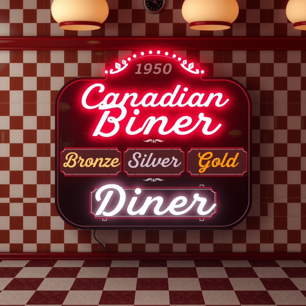 Vintage 1950s Canadian diner aesthetic showing three reward tiers with checkered pattern background, neon sign effects, classic script fonts displaying Bronze Silver and Gold levels, nostalgic red white cream color scheme