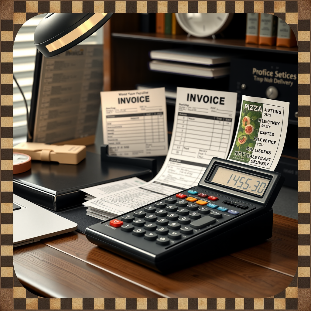 Classic 1950s office desk scene with vintage invoices, retro calculator, pizza delivery receipts and checkered pattern border in nostalgic style