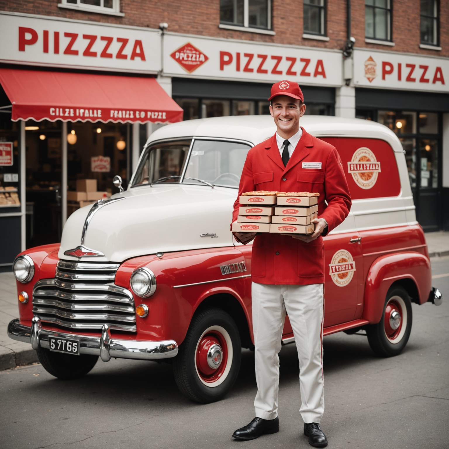 Smiling 1950s style delivery person in vintage red and white uniform holding stacked pizza boxes, standing next to classic delivery vehicle with chrome details and retro Pizzapizza branding